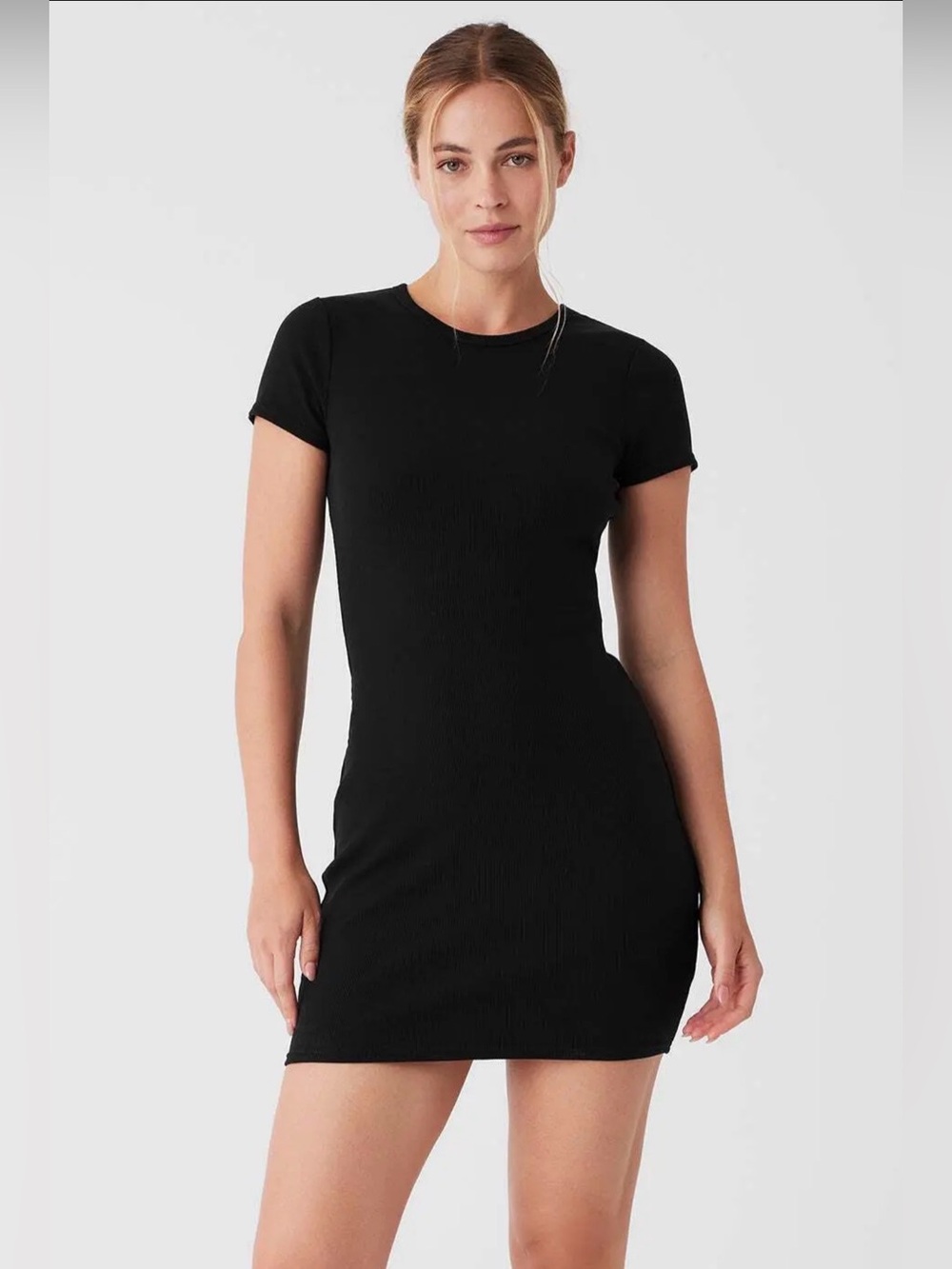 Alo Yoga Black Goddess Ribbed Short Sleeve Dress